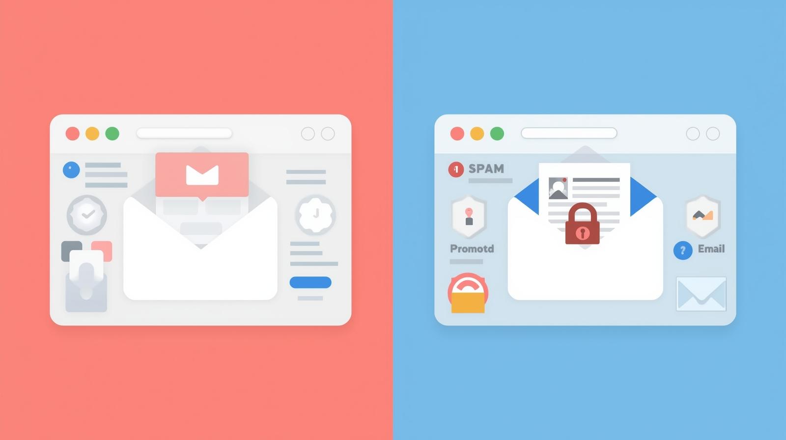 The main inbox is clean and organized, while a secondary inbox shows spam and promotional emails being blocked. Include icons for disposable email, shields, and a padlock for privacy.