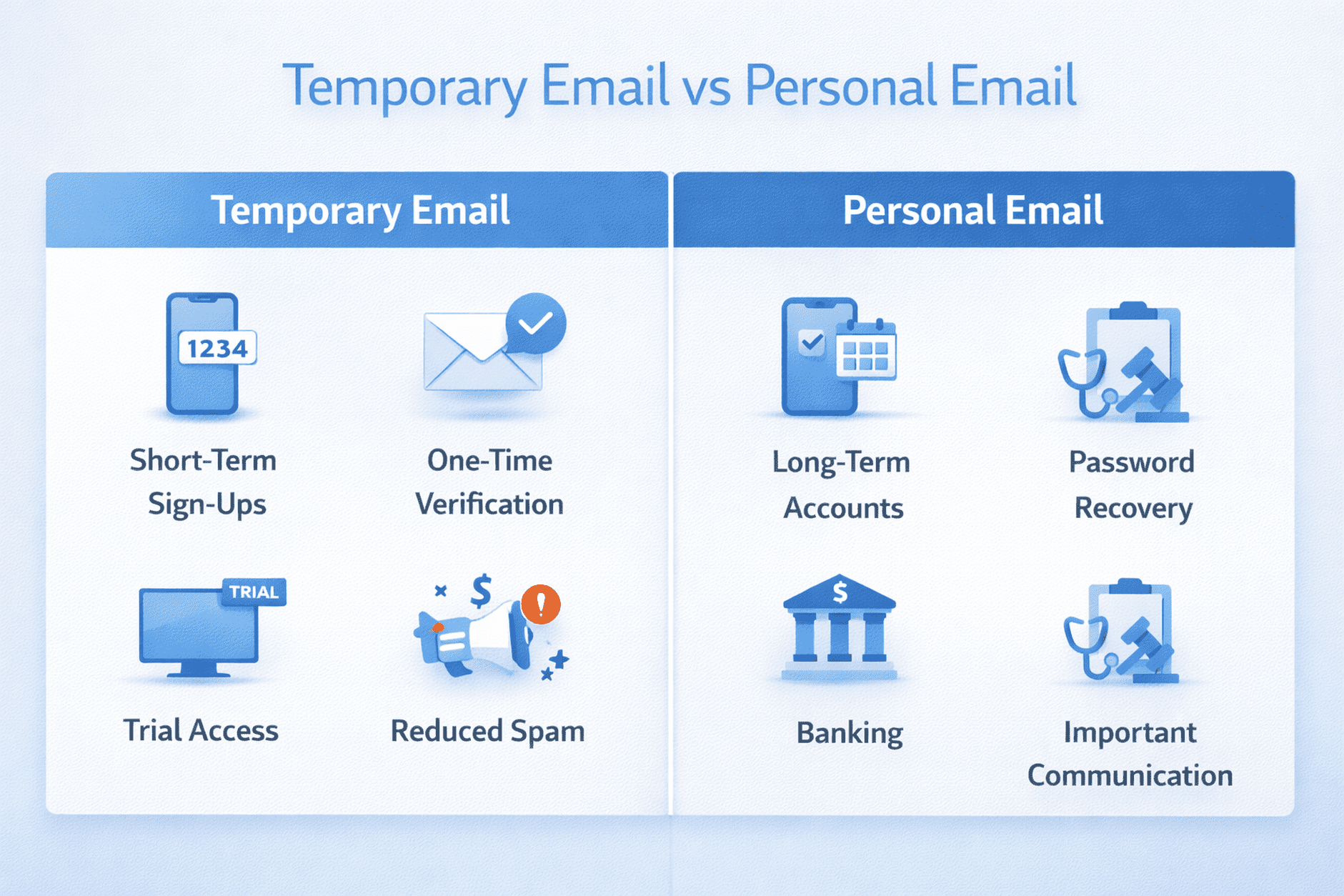 Temporary email is useful for short-term sign-ups, while personal email is better for important long-term accounts.