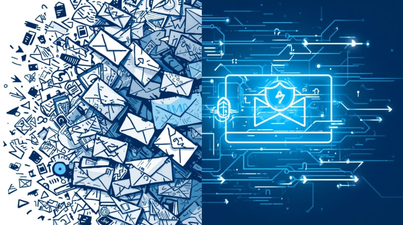TempMailBank.com : A split image: one side shows a chaotic pile of blue envelopes, the other side displays a secure email icon with digital elements. 