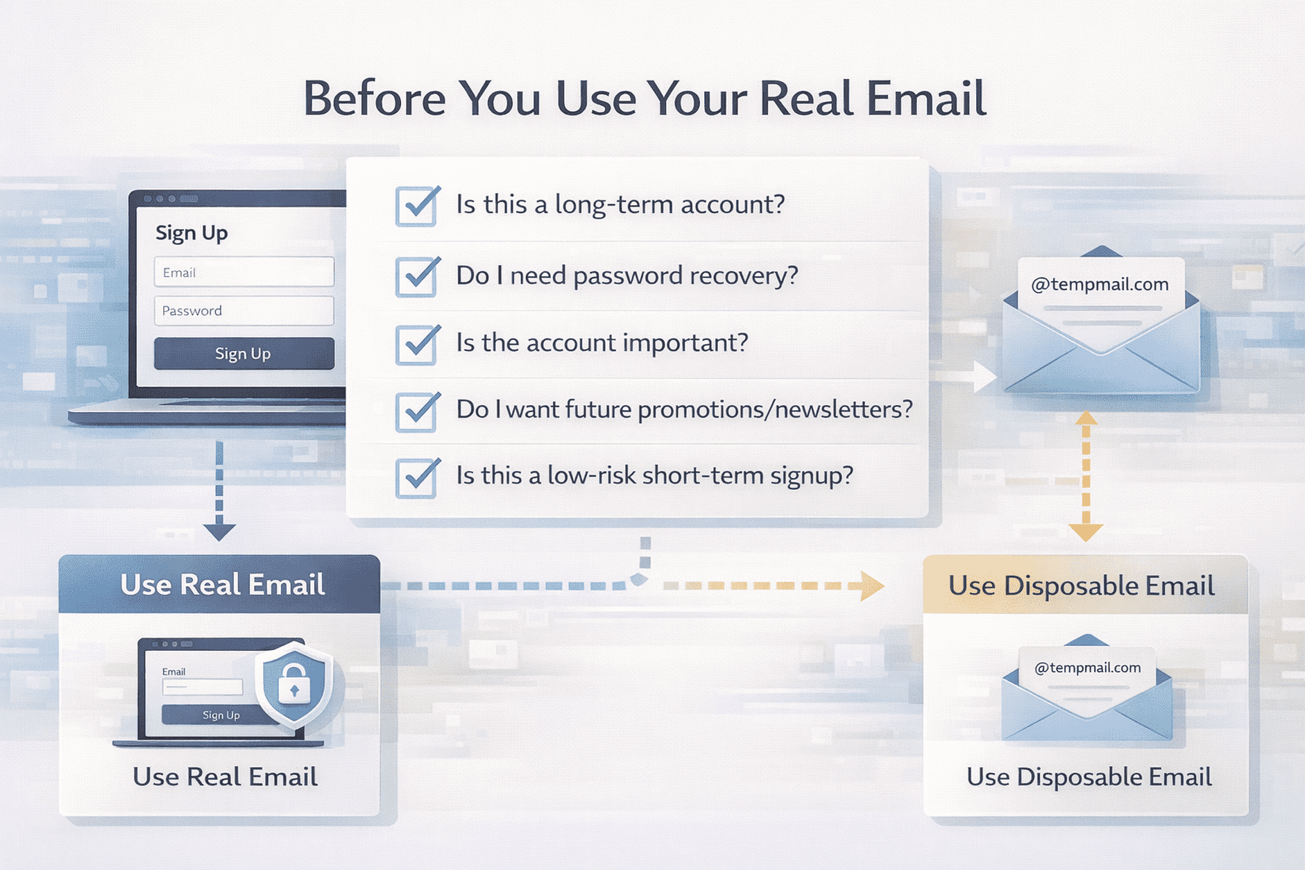 workflow infographic showing when to use a real email and when to use a disposable inbox