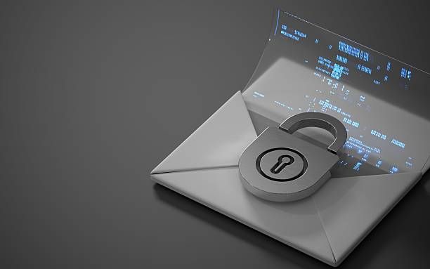 TempMail Bank: A 3D envelope with a metallic lock icon and digital data displayed above it. 