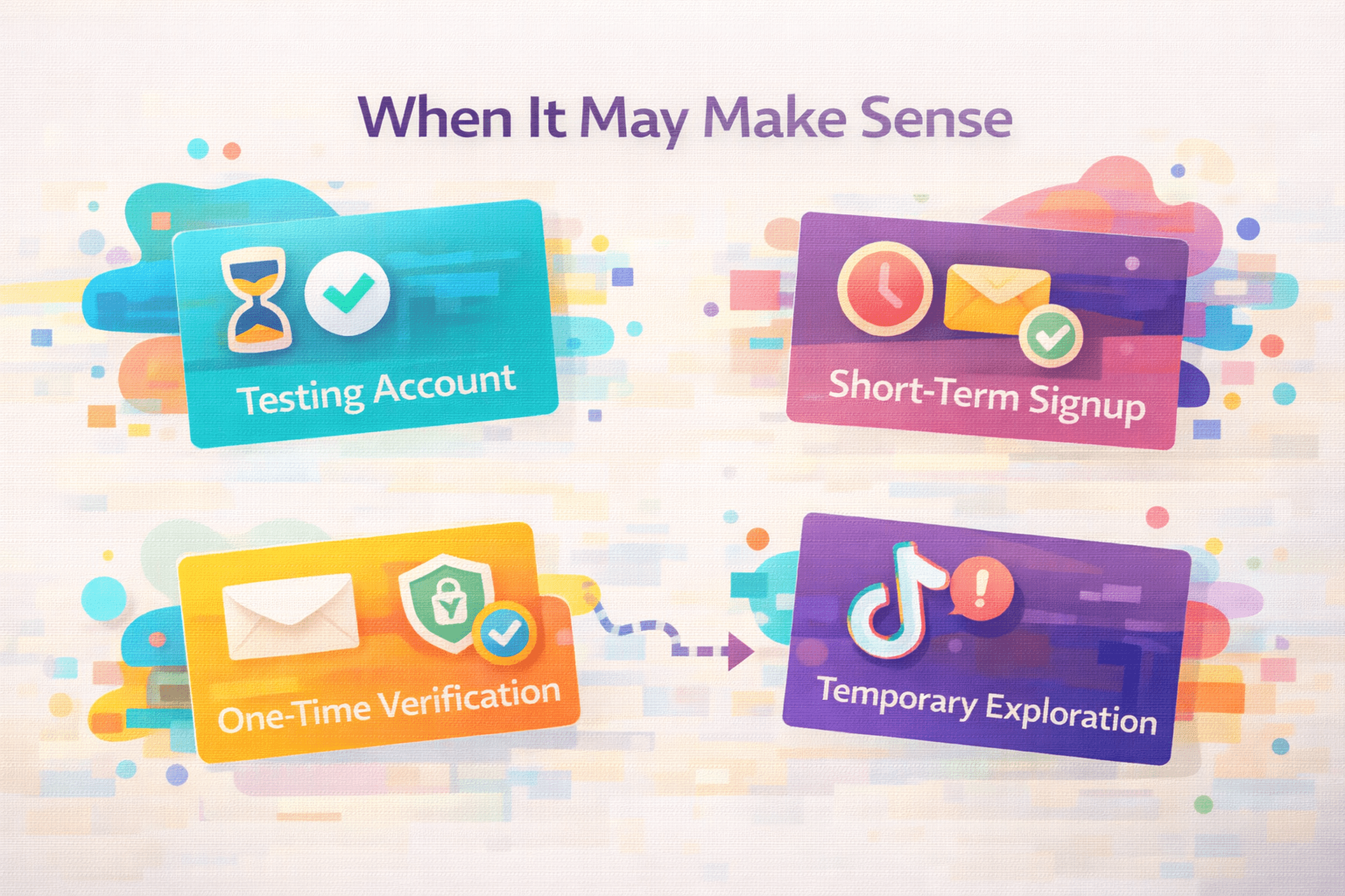 colorful illustration showing situations where temporary email may make sense for TikTok testing
