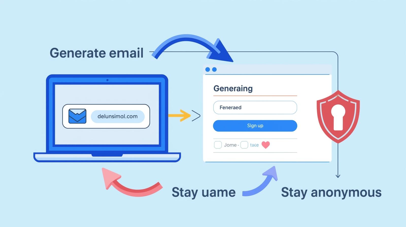 A laptop screen with a temporary email being generated, a fake name entered in a signup form, and a shield icon for protection. Include arrows showing the flow: generate email → sign up → stay anonymous.