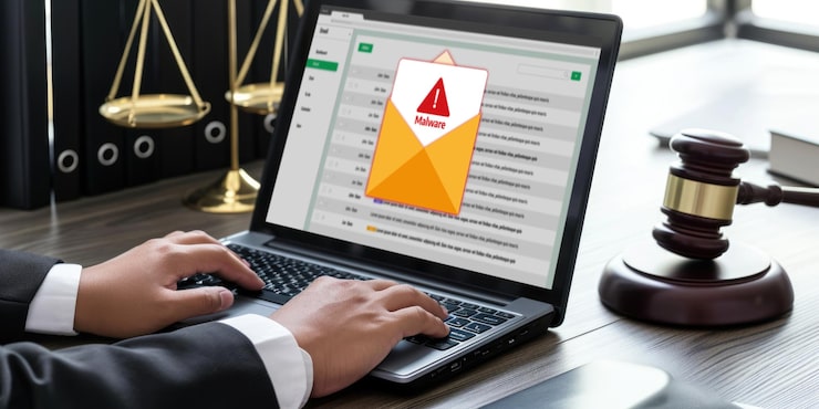 A person in a suit typing on a laptop, with a malware warning on the screen. 